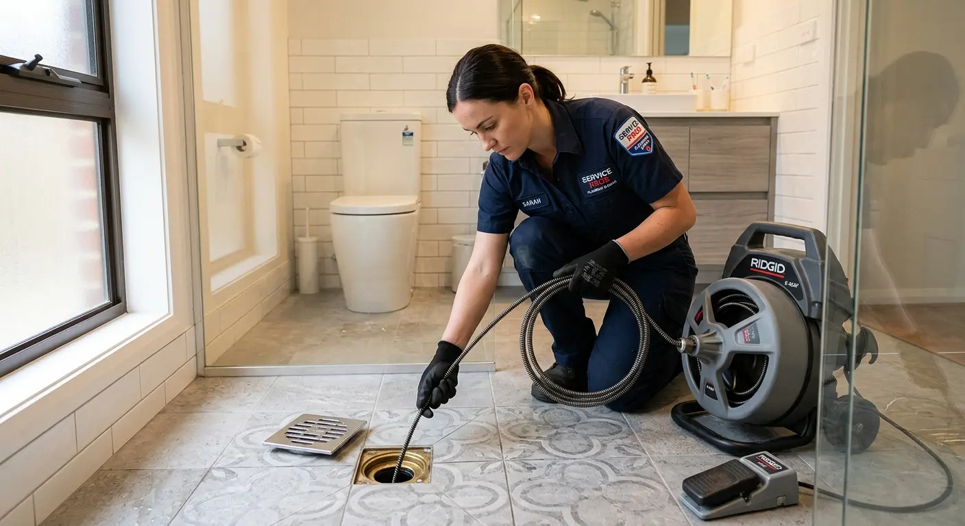 Technician clearing a bathroom floor drain for Sewer Line Installation in Oxford
